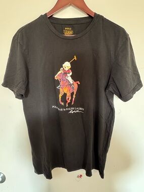 Ralph Lauren Black Tee with Multicolor Polo Bear Graphic